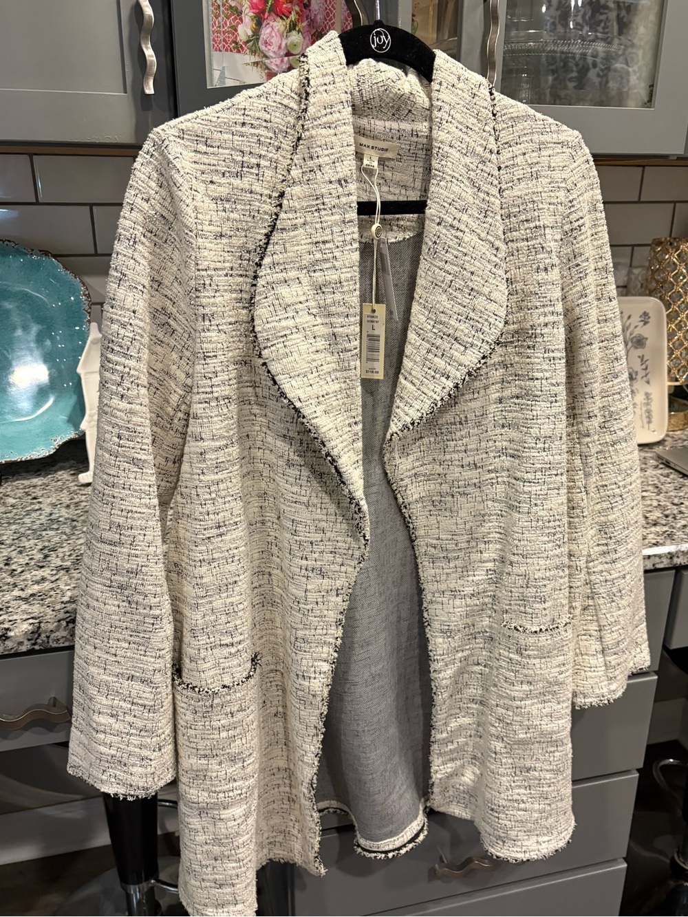 Max Studio Cream and Black Fleck Tweed Open-Front Blazer